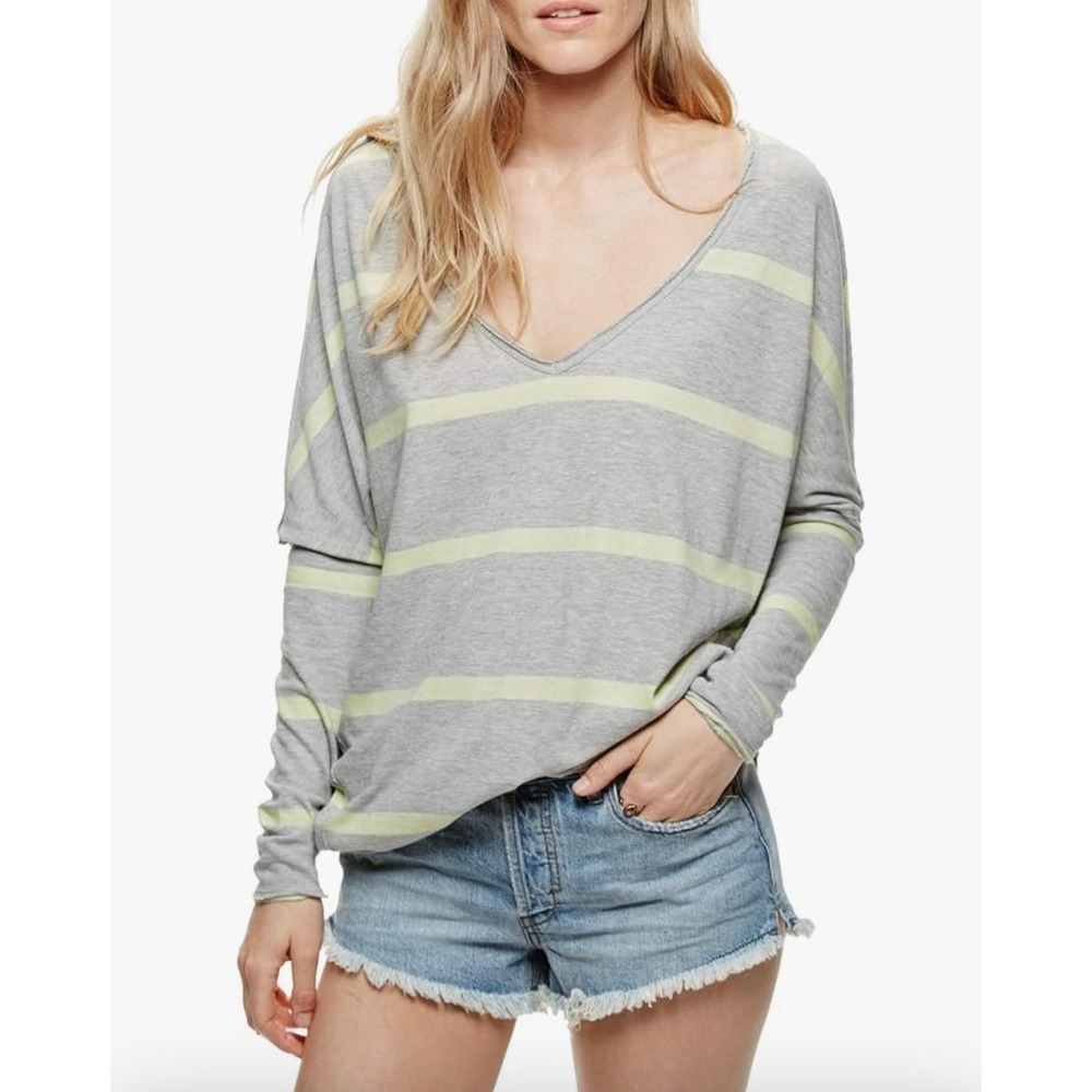 We The Free Upstate gray green striped knit tee oversized small
